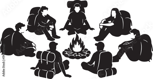 Black Solid Campfire Silhouettes Set of Six on White Background