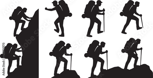 Black Solid Backpackers Hiking Silhouettes Set of Six on White Background