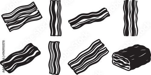 Black Solid Bacon Silhouettes Set of Six on White Background