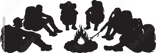 Black Solid Campfire Silhouettes Set of Six on White Background