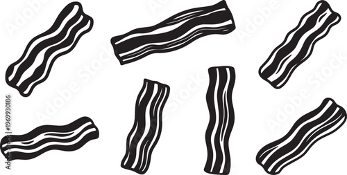 Black Solid Bacon Silhouettes Set of Six on White Background