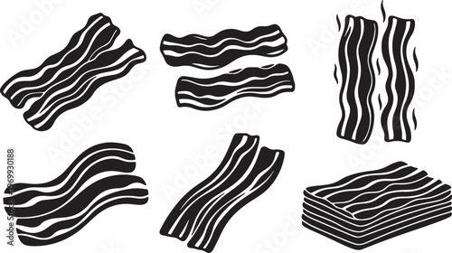 Black Solid Bacon Silhouettes Set of Six on White Background