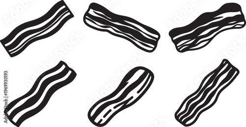 Black Solid Bacon Silhouettes Set of Six on White Background