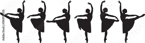 Black Solid Ballet Plie Sequence Silhouettes Set of Six on White