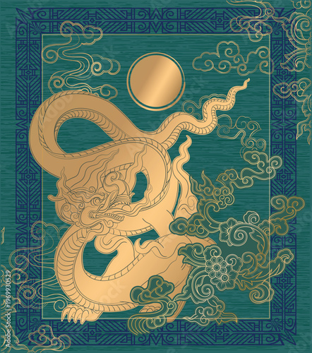 Asian dragon with clouds traditional line art vector illustration