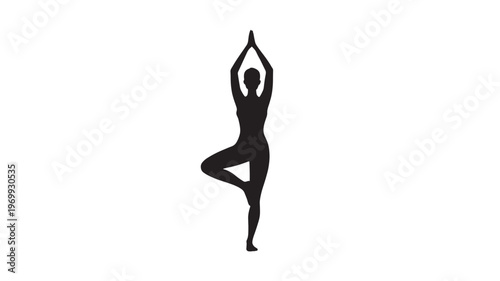 Black Silhouette of a Woman in Tree Yoga Pose for Balance and Wellness Vector Illustration