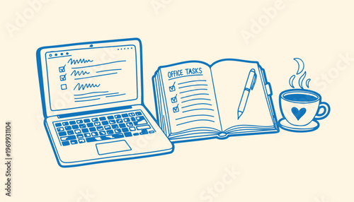 Laptop open book with tasks and coffee cup steaming representing office work and tasks.