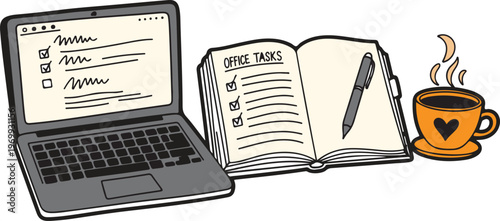 Laptop open book with tasks and coffee cup steaming representing office work and tasks.