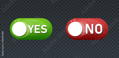 Toggle switch button yes and no. Glossy red cross and green checkmark buttons. 