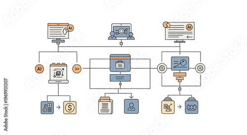 Abstract representation of digital transformation and business process optimization with interconnected data systems and analytics
