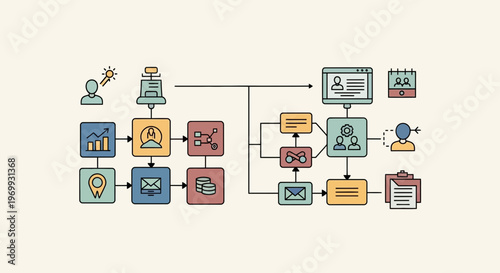 Streamlined business process flowchart illustrating workflow automation and project management stages with icons representing tasks and outcomes