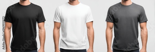 Three Men in Blank T-Shirts: White, Black, and Heather Gray Plain Apparel Mockup for Customizable Design and Branding on a Clean Background
