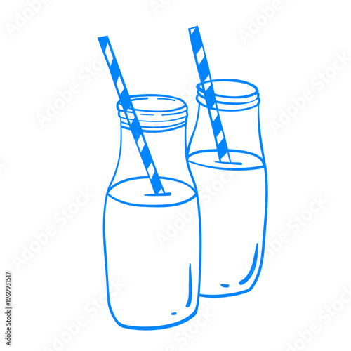 Two open glass milk bottles with striped straws. Vector hand-drawn linear drawing. Sketch doodle icon illustration in Mediterranean blue line retro style.