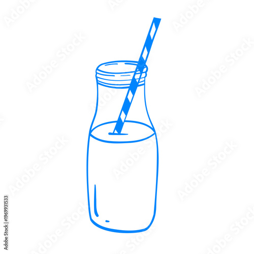 An open glass milk bottle with a striped straw. Vector hand-drawn linear drawing. Sketch doodle icon illustration in Mediterranean blue line retro style.
