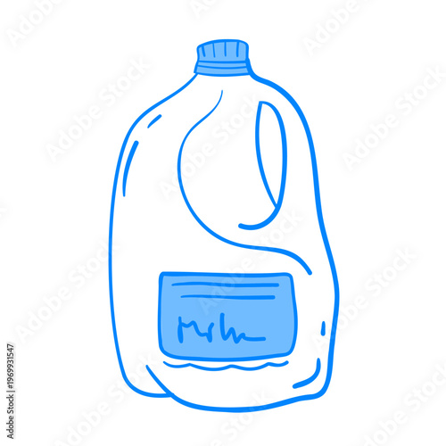 Plastic milk jug. Shopping at the supermarket. Vector hand-drawn linear drawing. Sketch doodle icon illustration in Mediterranean blue line retro style.