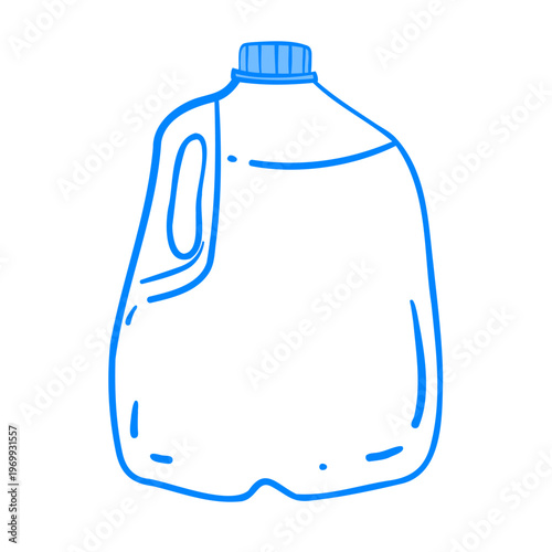 Plastic milk jug. Shopping at the supermarket. Vector hand-drawn linear drawing. Sketch doodle icon illustration in Mediterranean blue line retro style.