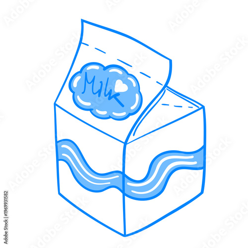 A square cardboard milk carton with a label. Vector hand-drawn linear drawing. Sketch doodle icon illustration in Mediterranean blue line retro style.