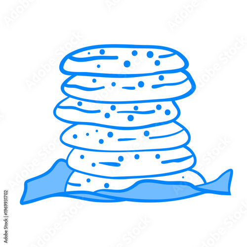 A stack of six chocolate chip cookies on a piece of wrapping paper.  Vector hand-drawn linear drawing of breakfast food. Sketch doodle icon illustration in Mediterranean blue line retro style