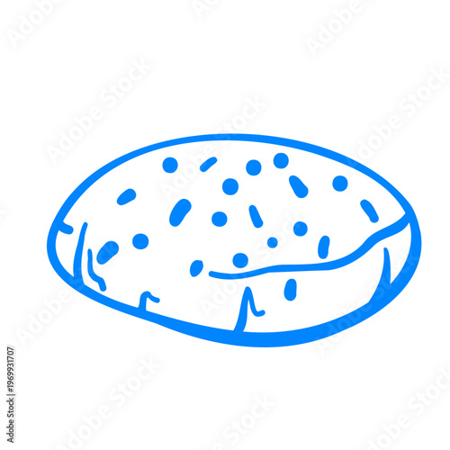 One round oatmeal cookie.  Vector hand-drawn linear drawing of breakfast food. Sketch doodle icon illustration in Mediterranean blue line retro style