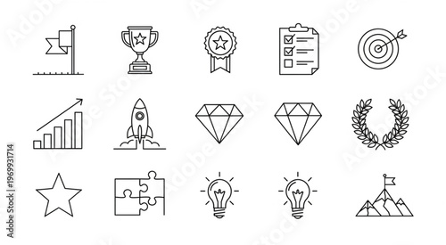 Collection of business and success icons representing goals and achievements.