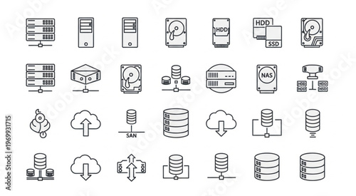 Collection of server and database icons representing data storage and cloud computing.