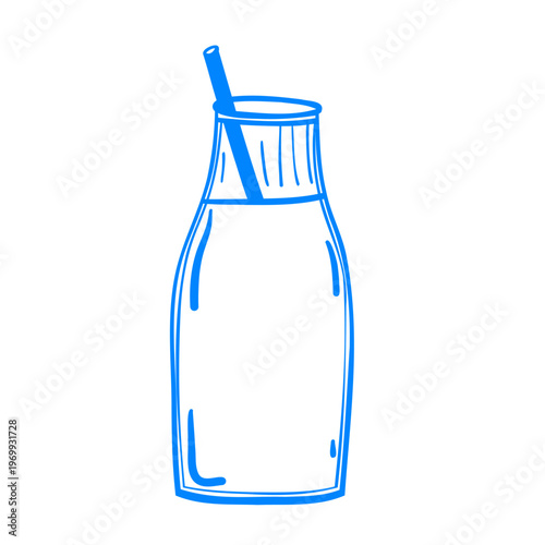 An open glass bottle of milk with a straw. Vector hand-drawn linear drawing. Sketch doodle icon illustration in Mediterranean blue line retro style.