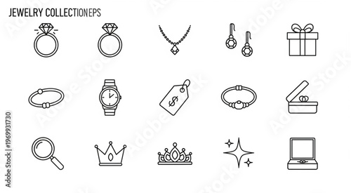 Collection of jewelry items including rings, necklaces, earrings, and bracelets.