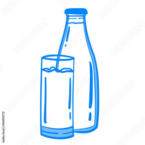 A glass bottle of milk or water and a glass. Vector hand-drawn linear drawing. Sketch doodle icon illustration in Mediterranean blue line retro style.