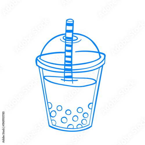 Bubble tea in a plastic cup with dome lid. Boba summer drink with a straw. Tapioca lemonade soda. Vector hand-drawn linear drawing. Sketch doodle icon illustration in Mediterranean blue line style
