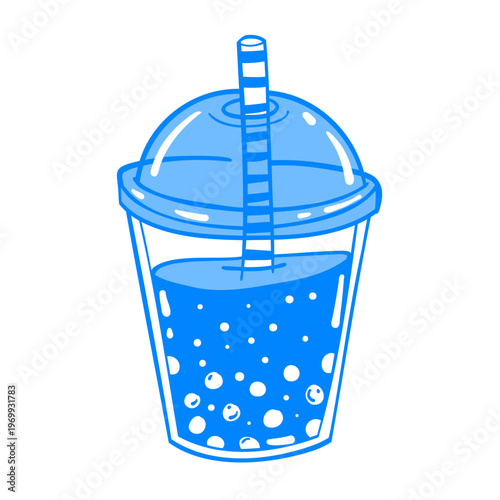 A cold summer drink with a straw. Tea with tapioca pearls. Fruit and berry smoothie doodle. Hand-drawn vector line art. Menu icon in a Mediterranean blue style.