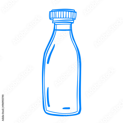 A glass milk bottle with a ribbed lid. Vector hand-drawn linear drawing. Sketch doodle icon illustration in Mediterranean blue line retro style.