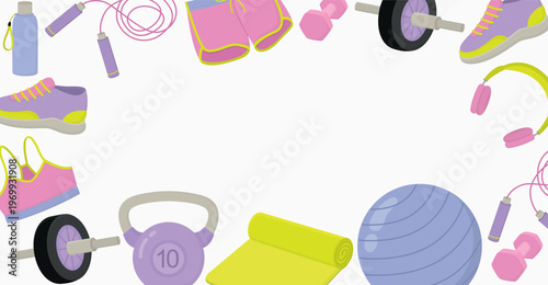 Colorful frame of fitness accessories. Banner with sports equipment and clothing. 