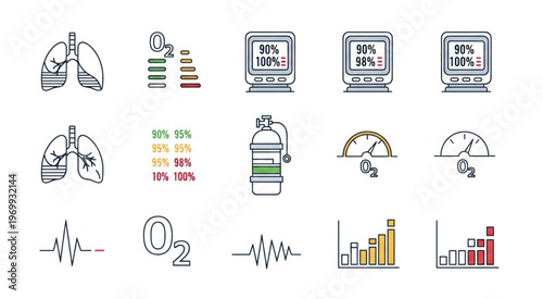 Medical illustrations of lungs, oxygen levels, and related medical equipment.