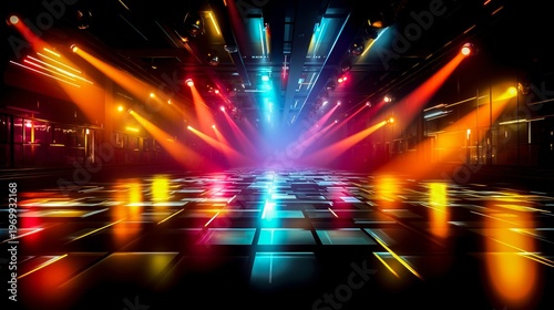 A dance floor with colorful lights in the background