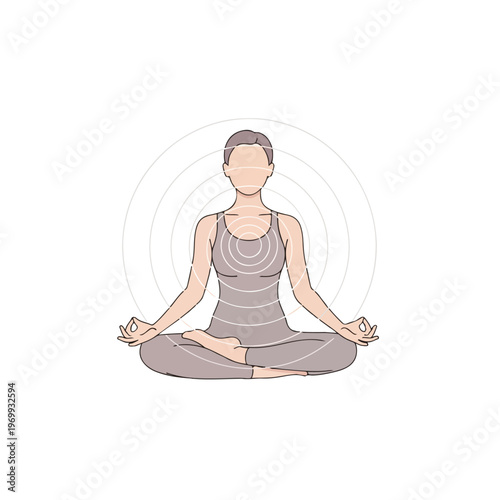 A serene woman sits in a yoga pose with her legs crossed and hands in a meditative gesture against a clean white background with subtle circular lines.