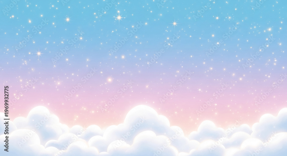 Obraz premium Gradient from blue to pink with shining star and cloud, creating dreamy celestial scene, symbolizing fantasy, imagination and ethereal atmosphere