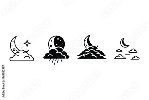 Minimalist black and white illustration set featuring moon phases, clouds, and rain, depicting serene nighttime weather scenes in a monochromatic style.