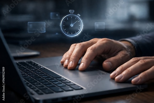 Close-up of a hand typing on a laptop with a floating stopwatch icon above, representing time management and efficiency