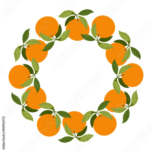 Circle frame with orange citrus fruit, branches with leaves. Round border of fresh juicy citrus isolated on white background. Fruit wreath for food design, packaging, menu, healthy lifestyle themes.