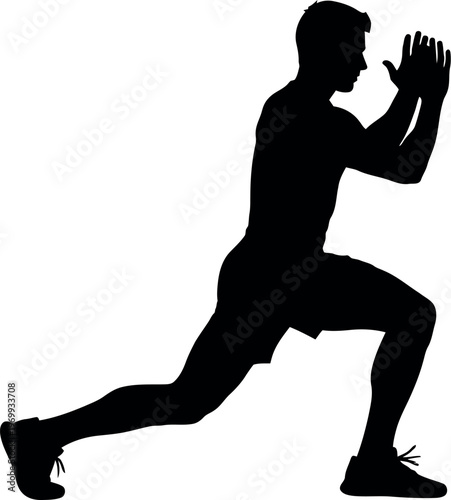 Silhouette of a person performing a lunge exercise with hands up