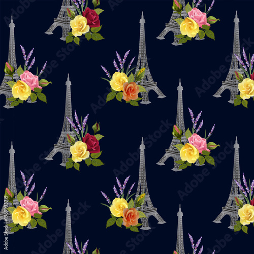 Bouquets of flowers and an architectural element.Vector seamless pattern with flowers and the Eiffel Tower on a colored background.