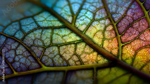 Leaf vein network backlit extreme macro revealing colorful cellular structure and organic botanical texture background
