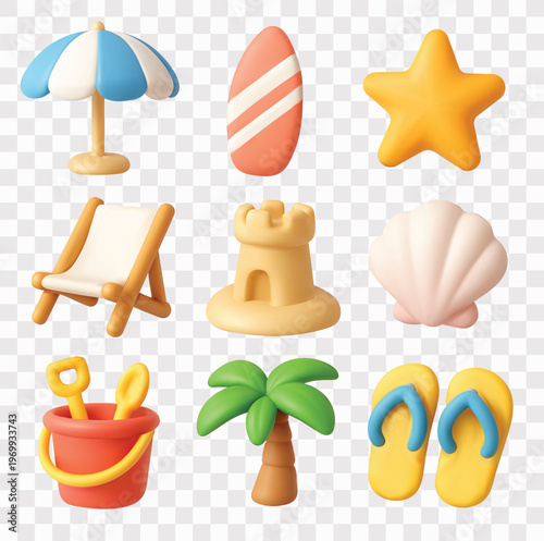 Summer Beach Vacation Vector Icon Set | 3D icon set | beach umbrella, surfboard, starfish, deck chair, sandcastle, seashell, bucket and spades, palm tree, and flip-flops