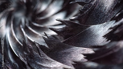Machined aluminum spiral shavings extreme macro with metallic texture and industrial abstract background