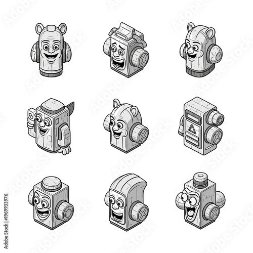 Set of cartoon fire hydrants with faces and expressions.