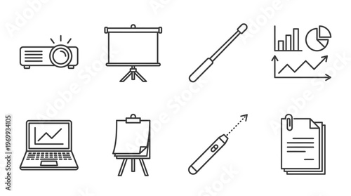 Presentation icons set with projector, screen, cursor, chart, laptop, board, remote, documents outline design