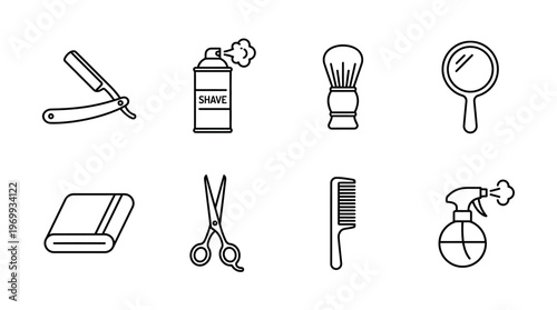 Barber tools icons set with comb, razor, scissors, spray, brush, foam, mirror, towel outline design