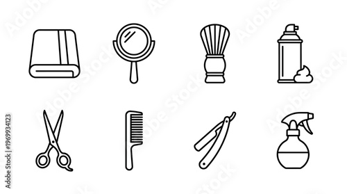 Barber tools icons set with comb, razor, scissors, spray, brush, foam, mirror, towel outline design