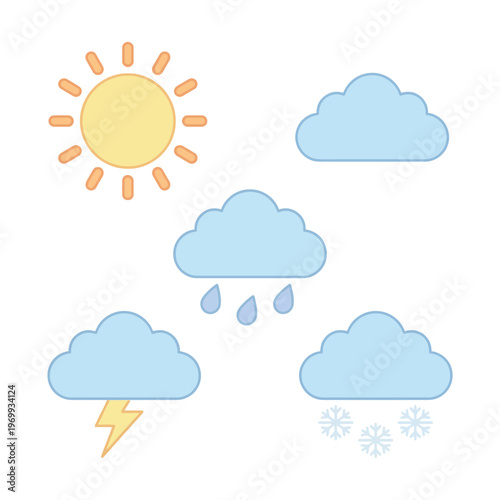 Weather icons display various cloud formations with sun and precipitation for science education.