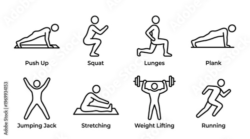 Exercise icons set with push up, squat, lunges, plank, jumping jack, stretch, lift, run outline design